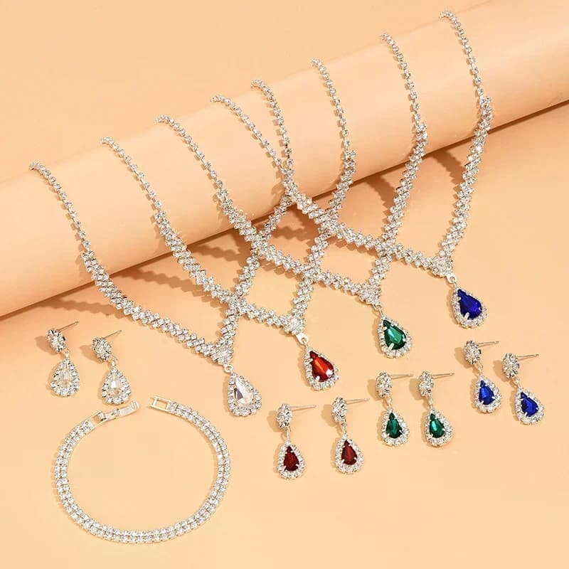 Collane e orecchini dal design elegante a goccia d'acqua/verde/rosso/blu/argento/champagne e molte altre opzioni
