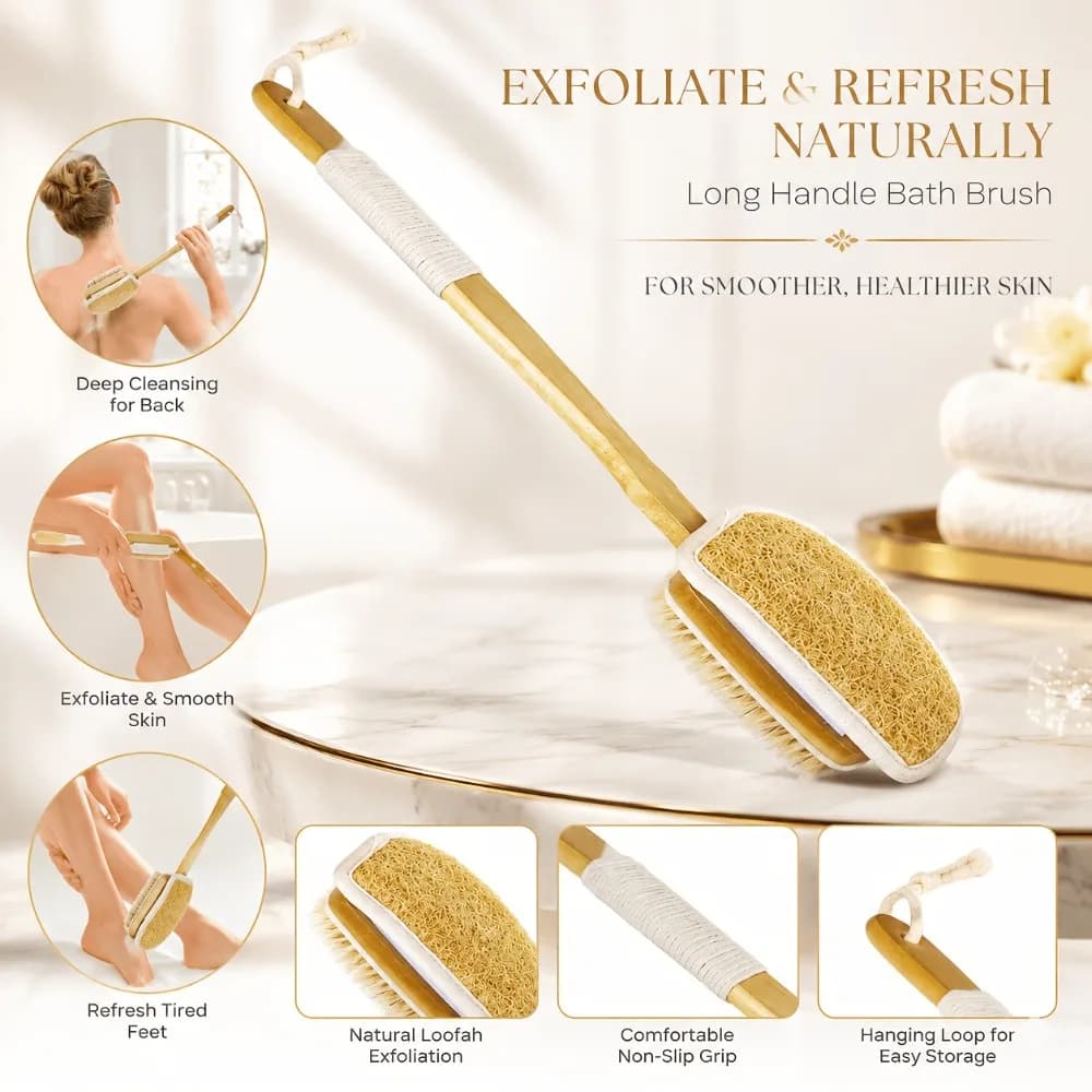Wood Long Handle Bath Brush Natural Loofah Boar Bristles Dual Side Back Scrubber Exfoliat Shower Body Brush Bathroom Clean Tool
