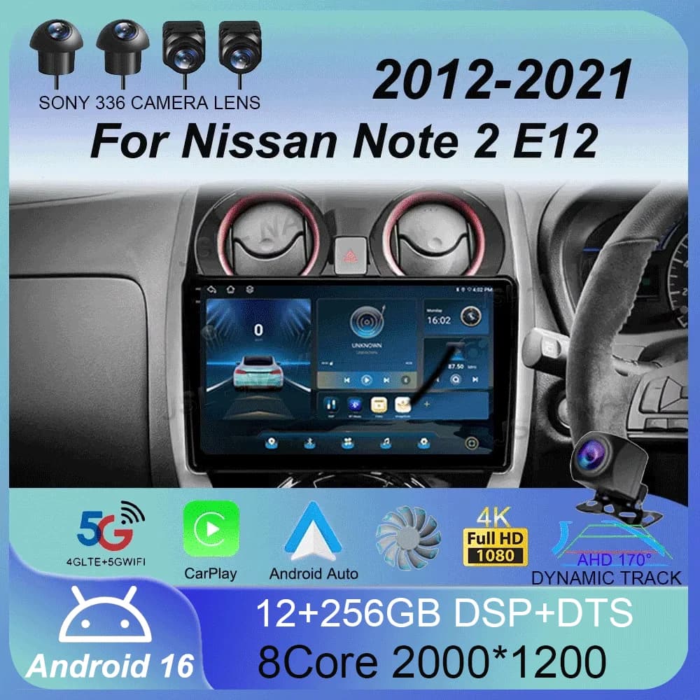 Android 16 per Nissan Note 2 E12 2012 - 2021 Lettore Multimediale GPS Video Navigazione Autoradio Carplay Telecamera Posteriore 2 Din 5G