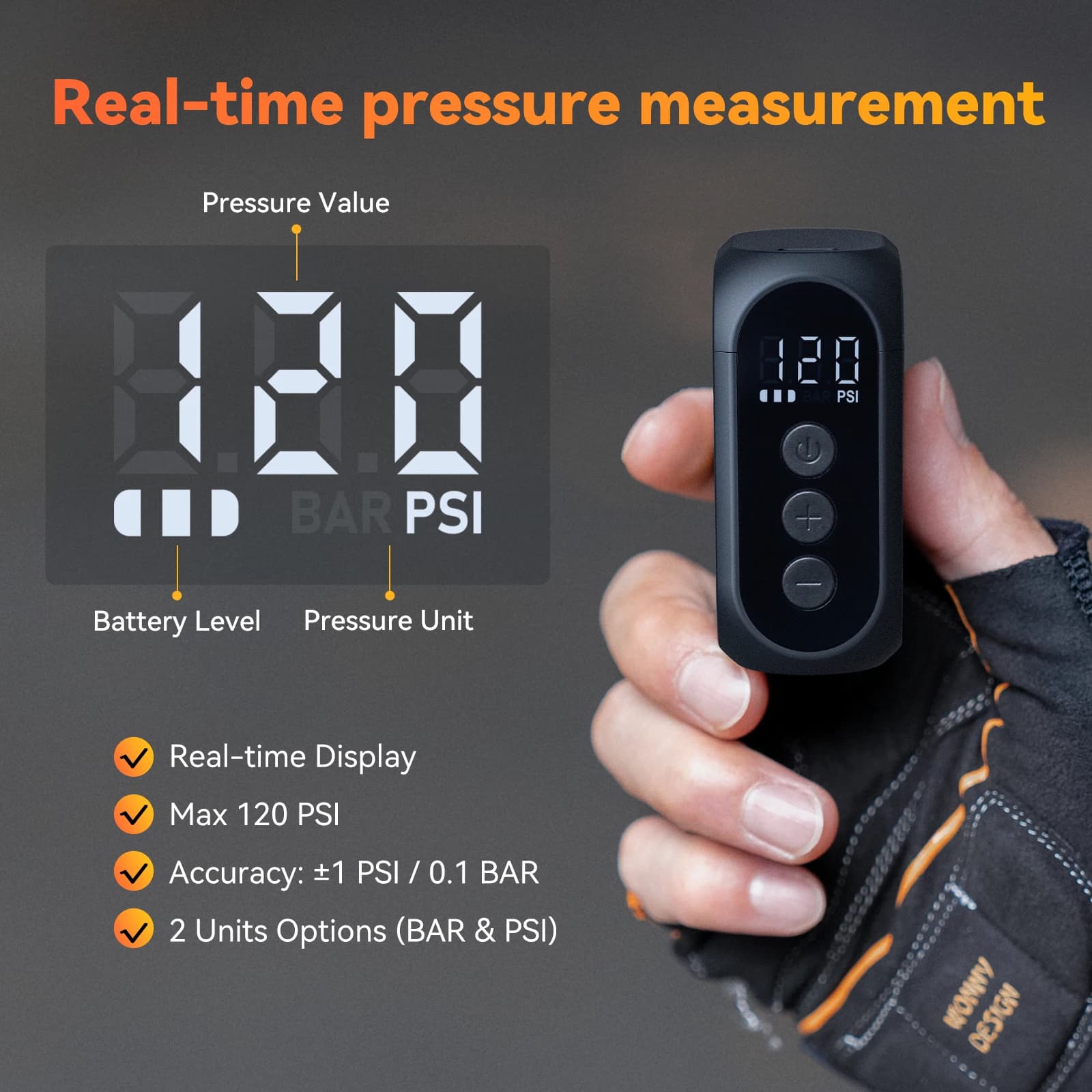 Anoutway AT1 Pro Mini pompa elettrica per gonfiatore di pneumatici per bici con schermo Ricarica rapida Batteria da 450 mAh Pompa per pneumatici per bicicletta Max 120PSI