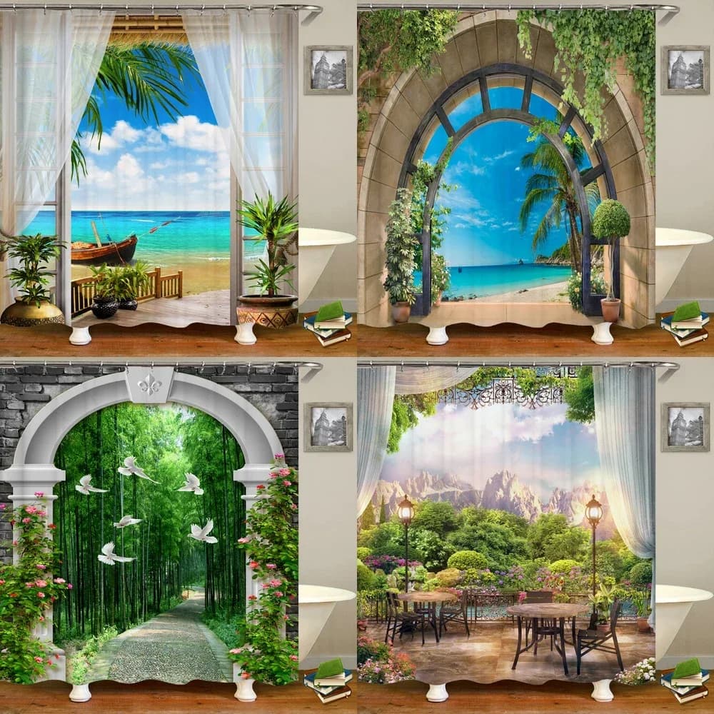 Tenda da doccia 3D in tessuto impermeabile Tenda da bagno Giardino rurale Spiaggia Fiore Paesaggio Tenda da bagno in poliestere con ganci