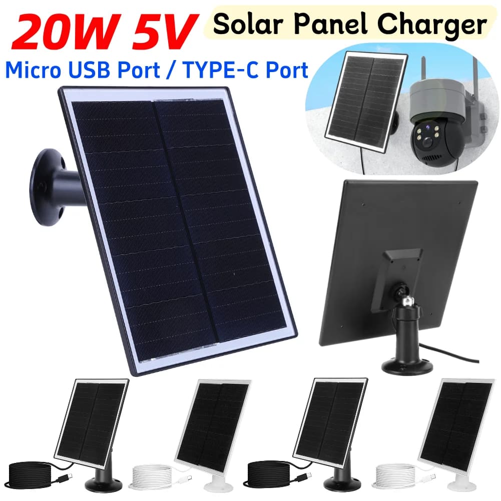 Pannello solare montato da 20 W 5 V Porta micro USB e USB-C Caricatore da pannello solare Pannello di ricarica solare impermeabile IP65 per telecamera di sicurezza