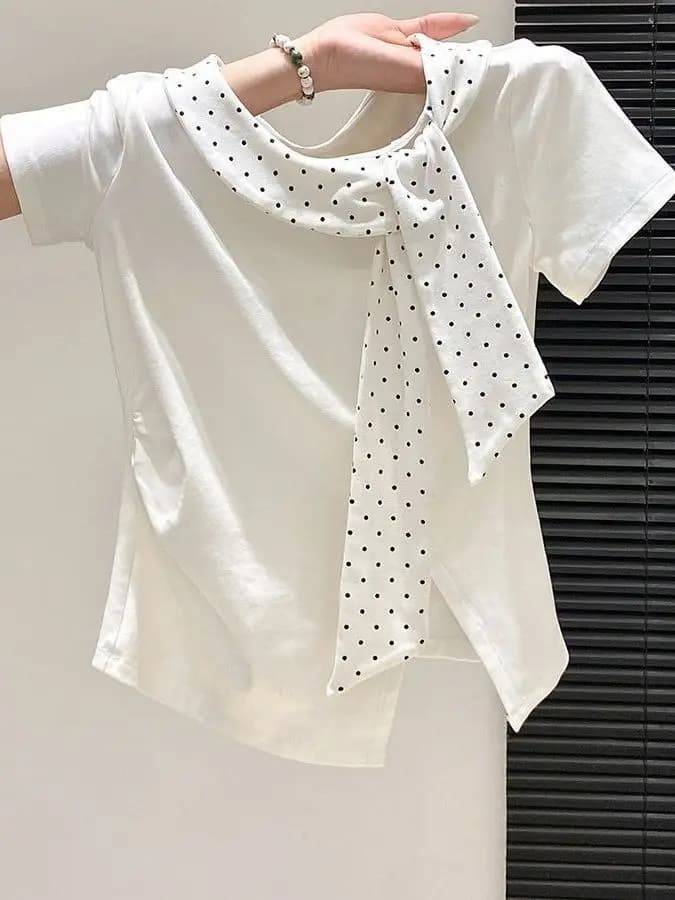 Polka Dot Bow Tie round Neck Short Sleeve Women's T-Shirt Slim Fit Sweet Style College Fashion Top for Summer 2026