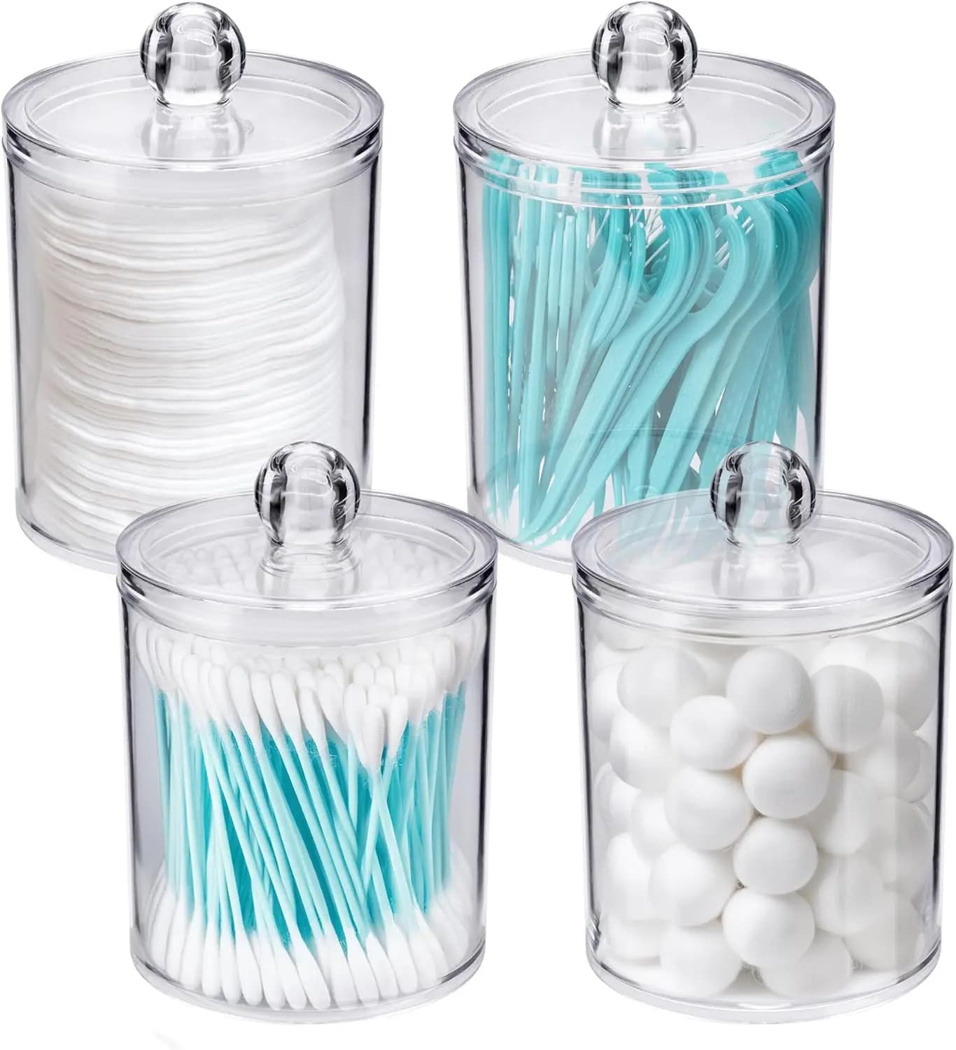 4 Pack Qtip Holder Dispenser - Cotton Ball, Swab, Round Pads, Floss , Small Clear Plastic Apothecary Jar Containers with Lids fo