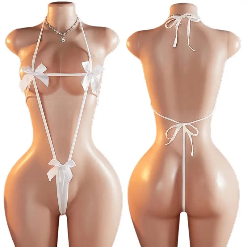 Body Sexy da Donna con Laccio al Collo, Intimo Trasparente, Reggiseno Aperto con Fiocco, Costume Erotico Provocante