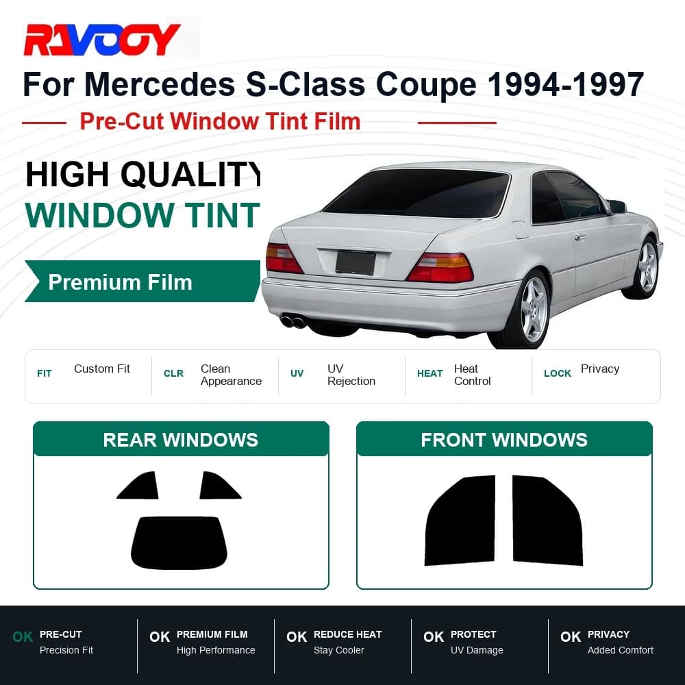RAVOOY Precut Window Tint, Reusable Removable EPU Film, Custom Fit for Mercedes S Class Coupe 600 1994-1997, UV Heat Protection