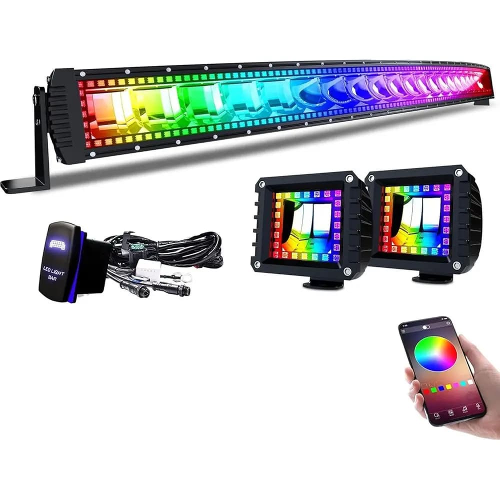 Barra Luminosa LED Curva RGBW da 52 Pollici 300W con Anello RGB Chasing, 16 Colori, Oltre 92 Strobo, Impermeabile IP67, Staffa Regolabile