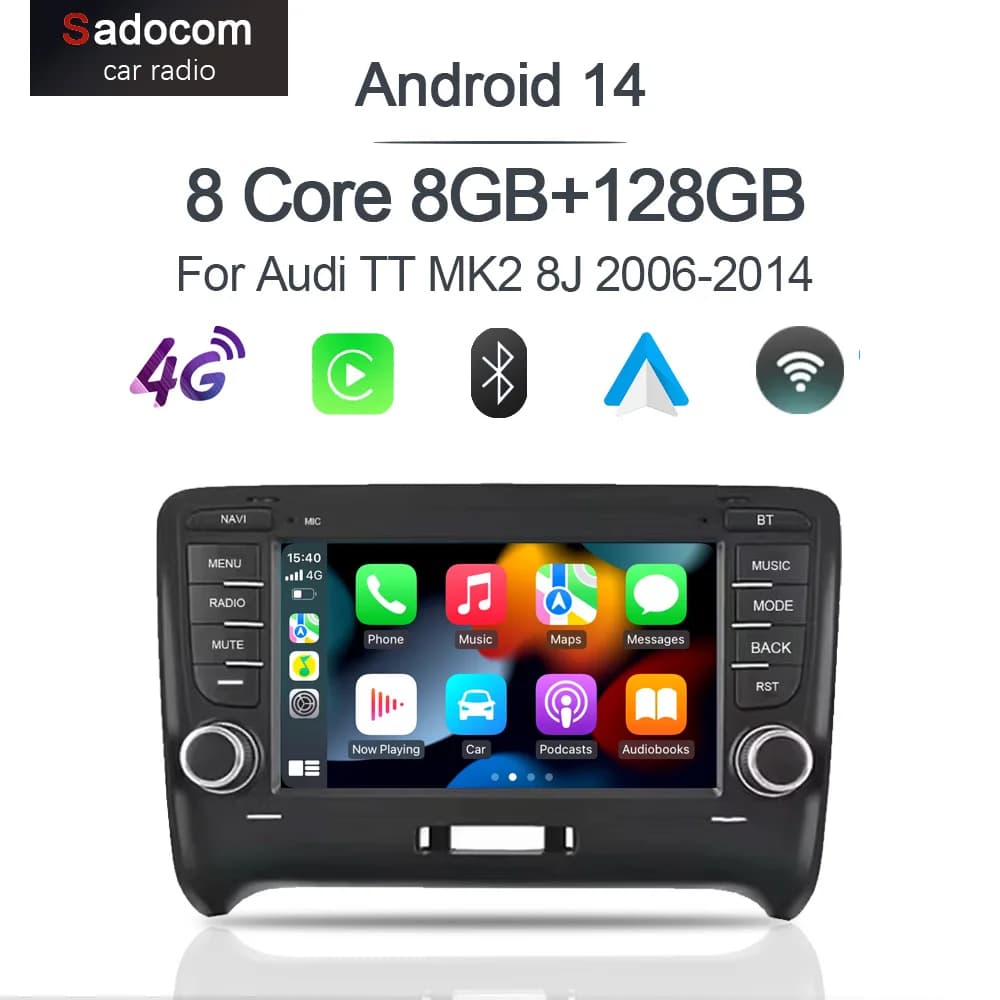 Carplay DSP IPS Android 14.0 8GB + 256GB 8Core Lettore multimediale GPS Mappa RDS Radio Bluetooth Wifi per Audi TT 8J 2006-2015 2 din