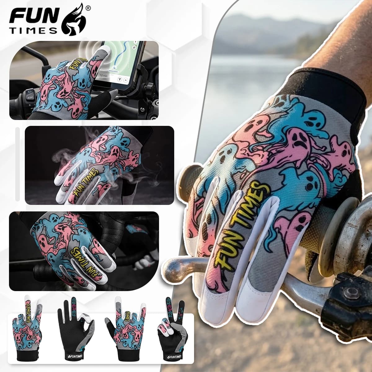 FUNTIMES Cool Ghost Graffiti Motorcycle Riding Gloves Full Finger Breathable Touch Screen Outdoor Riding Equipment Gloves