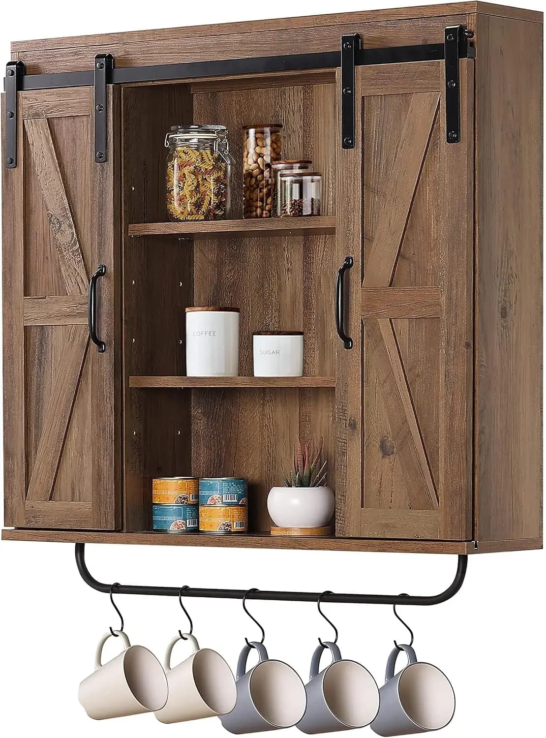 Bathroom Wall Mounted Storage Cabinet with Sliding Barn Door and Towel Bar Over the Toilet Medicine Hanging Organizer Cupboard for Powder Room Laundry Room Kitchen Farmhouse Decor