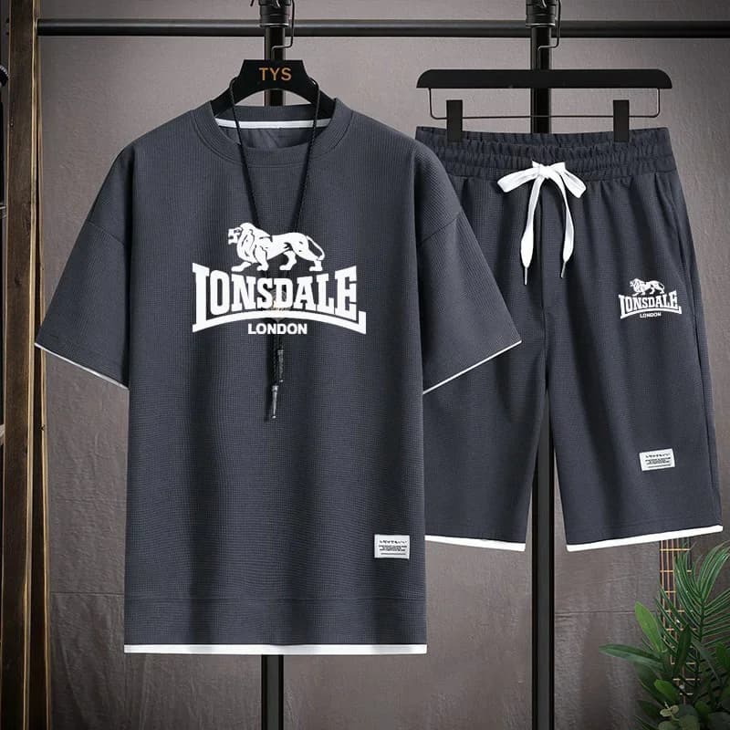 New Men's Stylish Waffle Suit Short Sleeve Tee & Shorts Set Loose Fit Breathable Casual Sportswear