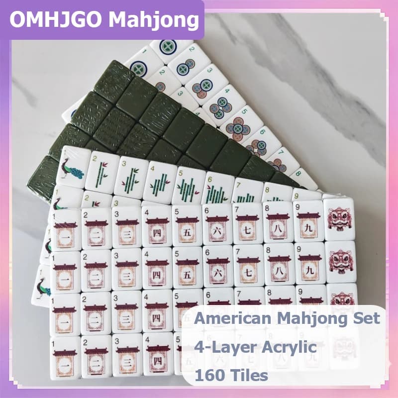 OMHJGO Olive Green Luxury Engraved American Mahjong Sets Acrylic Mahjong 160 Tiles Leisure Family Party Games Portable Mah Jongg