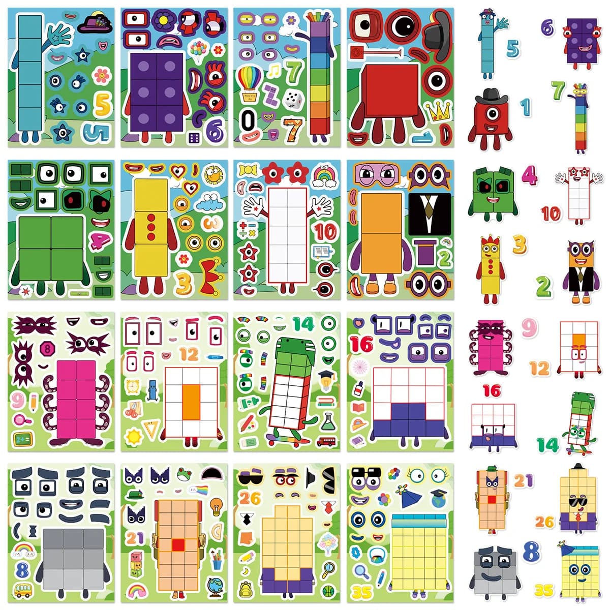 Set da 8/16 Pezzi di Blocchi Numerici per Costruire, Adesivi Puzzle per Creare un Volto, Decorazioni Fai-da-Te per Cartoni Animati, Chitarre, Valigie, Quaderni