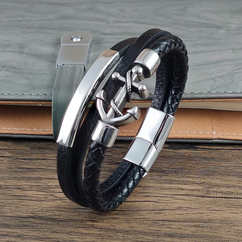 Bracciale da uomo in acciaio inossidabile con design a freccia e arco, in corda di cuoio intrecciata e fibbia magnetica, gioiello regalo all'ingrosso