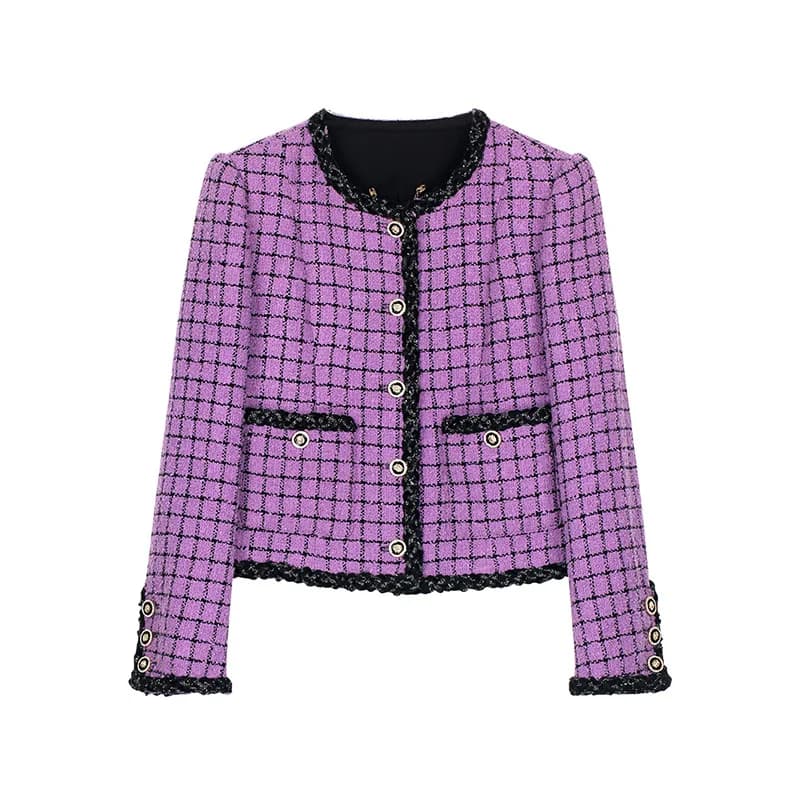 Giacca da vino vintage moda scozzese viola moda donna girocollo contrasto tweed fragranza manica lunga cappotto francese donna