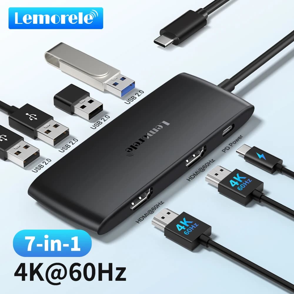 Lemorele TC510 Docking Station USB-C 7-in-1, Hub USB Adattatore da USB C a Doppio HDMI 4K@60Hz per Windows MacBook Air Laptop