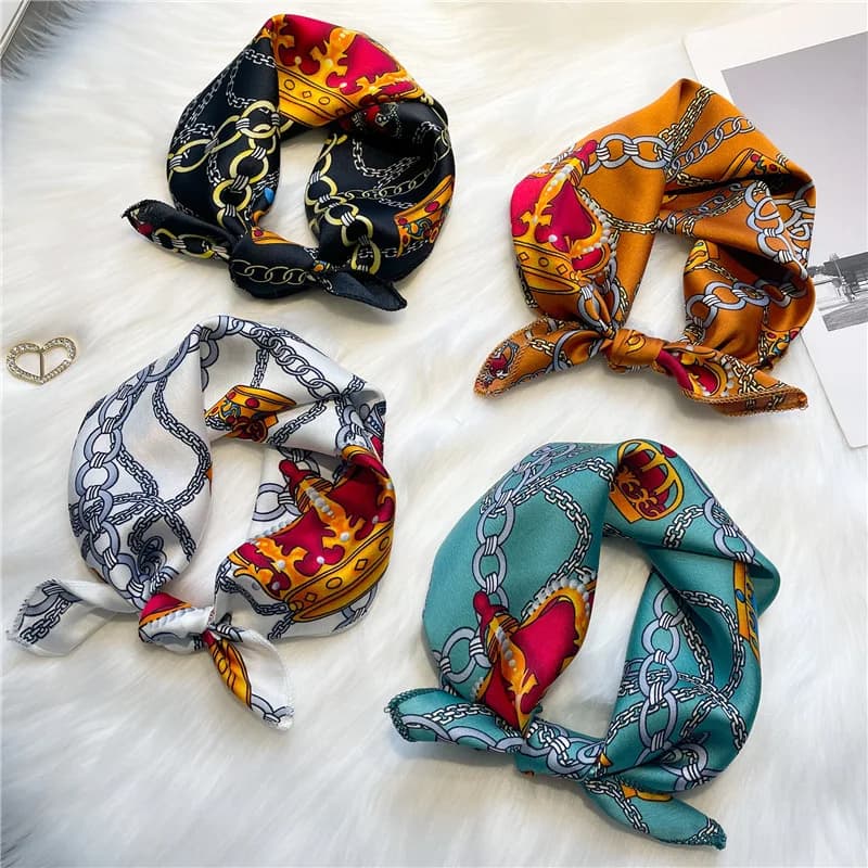 Luxury chain scarf, versatile elegant neckerchief, decorative bag tie, small square scarf 50cm, satin faux silk