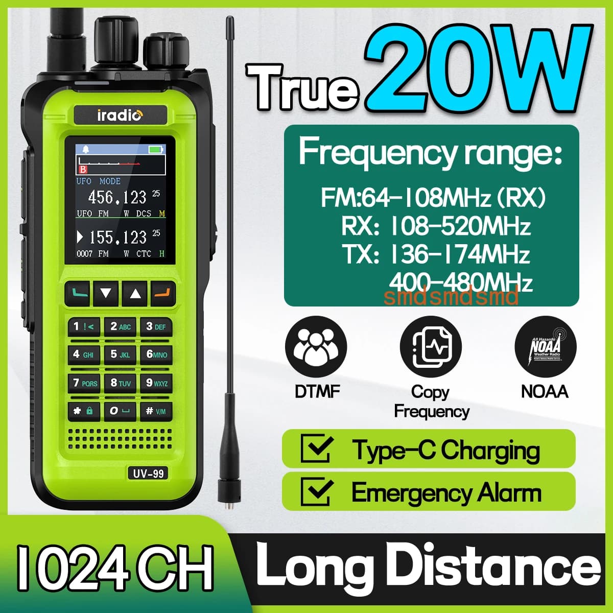 UV-99 20W Air Band Walkie Talkie Mutli Band FM ad alta potenza NOAA 1024CH Frequenza di copia wireless Radioamatore tipo C a lungo raggio