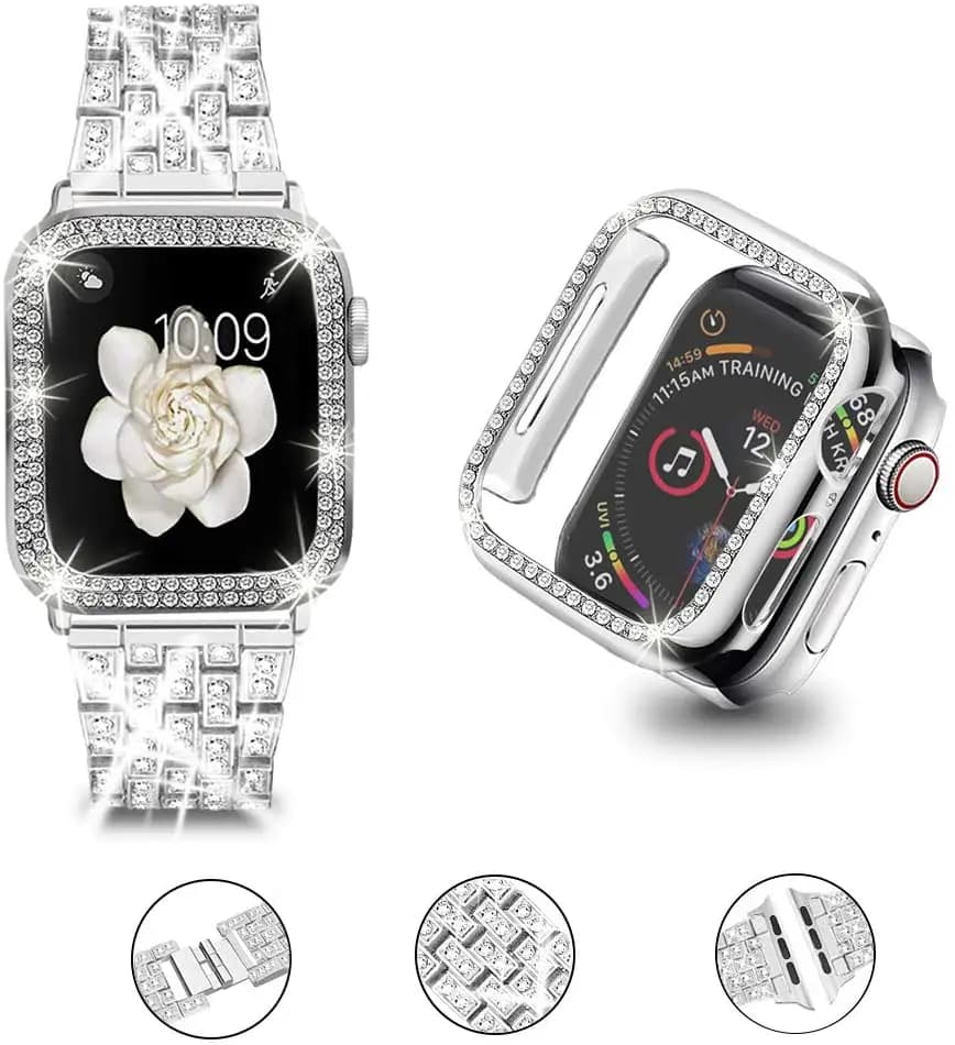 Cinturino in metallo con diamanti + custodia per Apple Watch 45mm 44mm 42mm 41mm 40mm 38mm, bracciale da donna per iWatch 9 8 7 6 5 4 3
