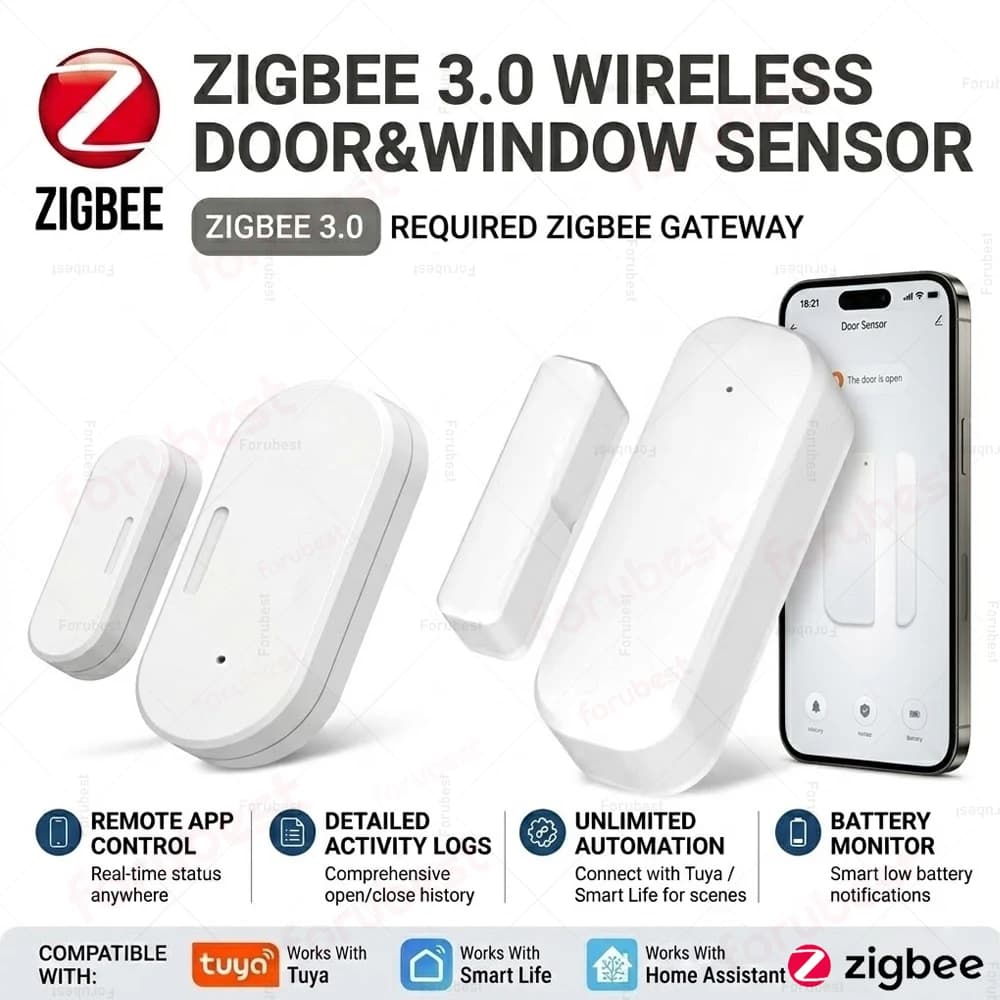 Sensore per Porte e Finestre Zigbee, Rilevatore di Apertura/Chiusura, Sistema di Allarme per Casa Intelligente Compatibile con TUYA Zigbee2MQTT Home Assistant