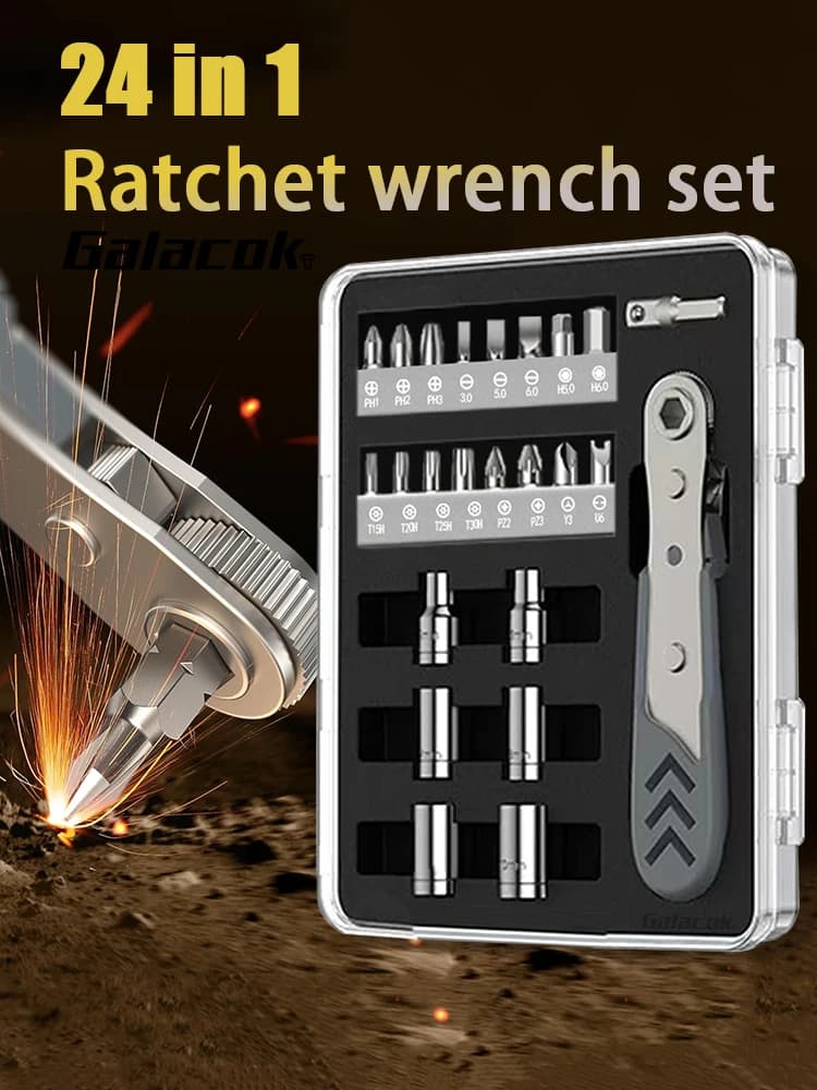 Set di cacciaviti a cricchetto ad angolo retto 24 in 1 Set di chiavi a bussola mini a cricchetto da 36 denti Set di strumenti di riparazione auto Utensili manuali Set di chiavi