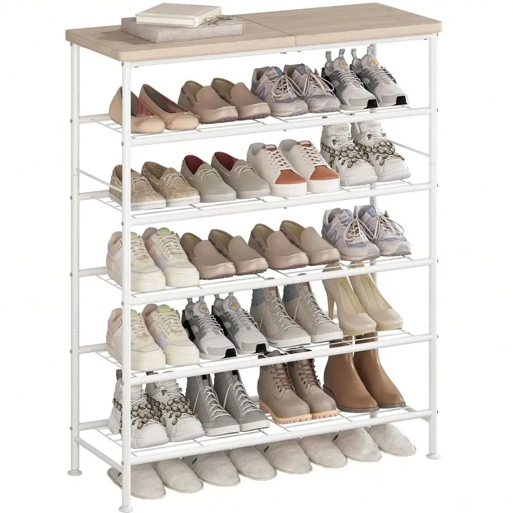 Rack Organizer 6 Tier For Closet Entryway Free Standing Metal Storage Shoe Shelf With MDF Top Board