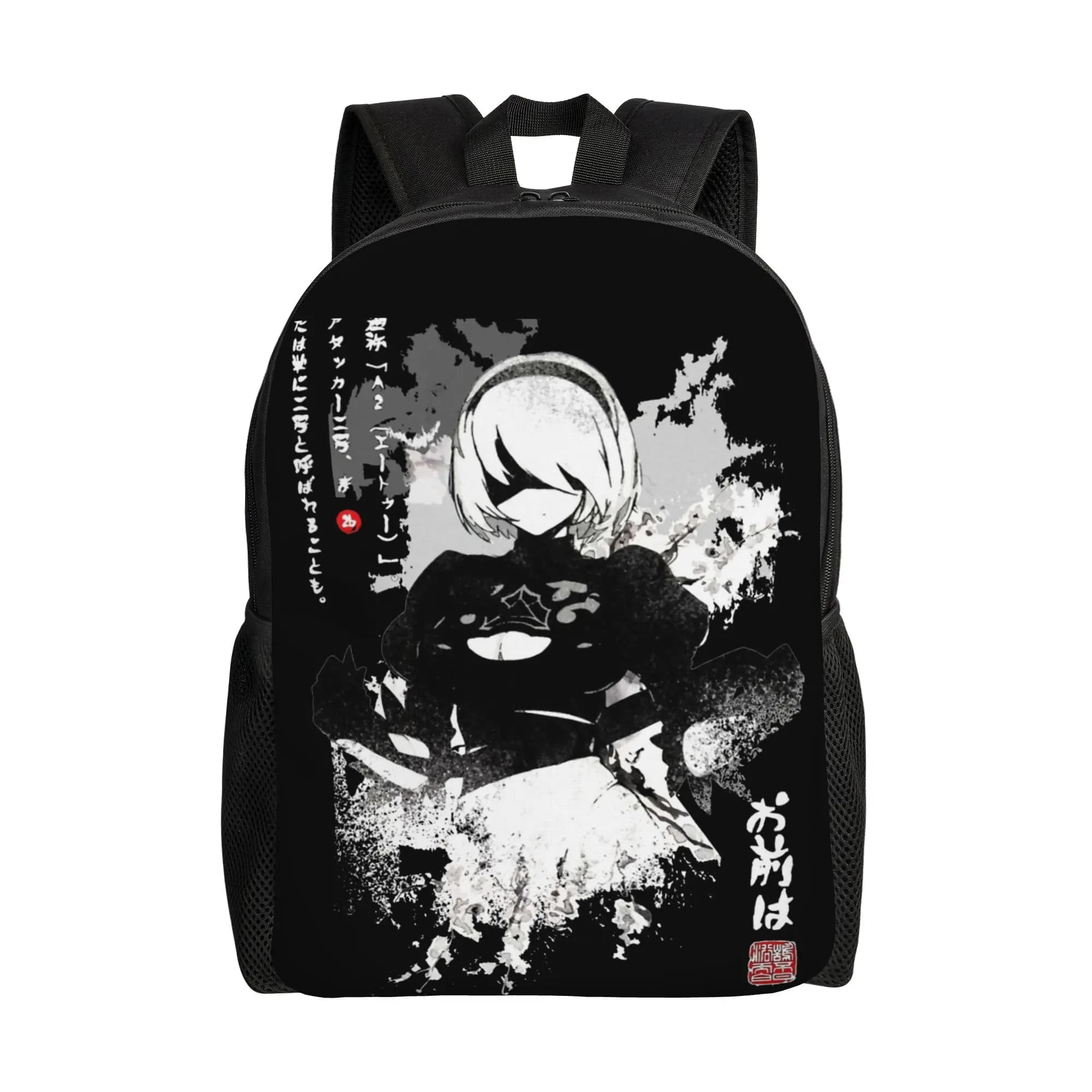 Zaino NieRs 2B Japan Ink AO DEN per uomo, donna, adolescente, scuola superiore, lavoro, borsa a tracolla per laptop con tasca