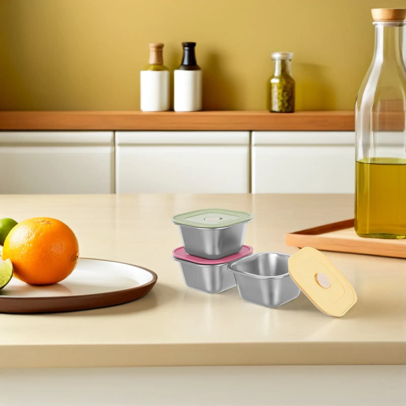 Set di 3 Contenitori per Snack in Acciaio Inox Impilabili con Coperchio in Silicone Ermetico Riutilizzabili per Conservazione Alimenti e Viaggi