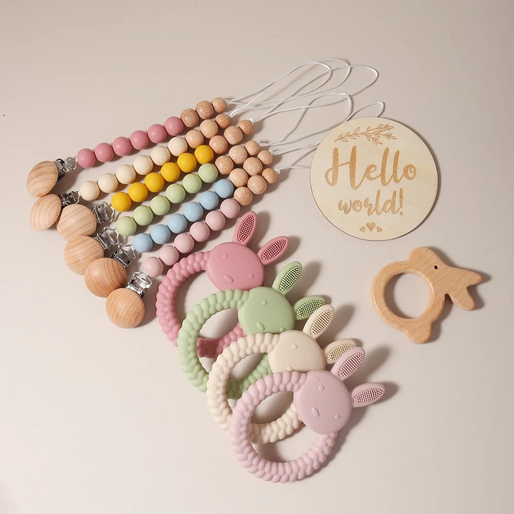 Set Regalo per Neonati, Giocattolo per Bambini, Massaggiagengive in Silicone a Forma di Coniglio, Sonaglio in Legno a Forma di Coniglio, Accessori per Fotografia