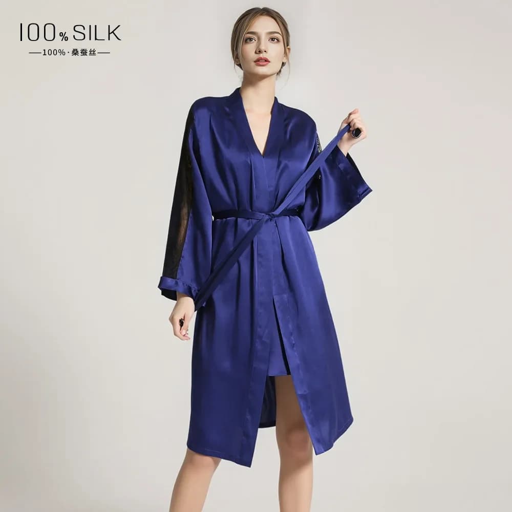 100% silk frost dress in the morning sexy bathrobes for women shower lace transparent neck V dress lingerie midi night shirt chemise vest PJ