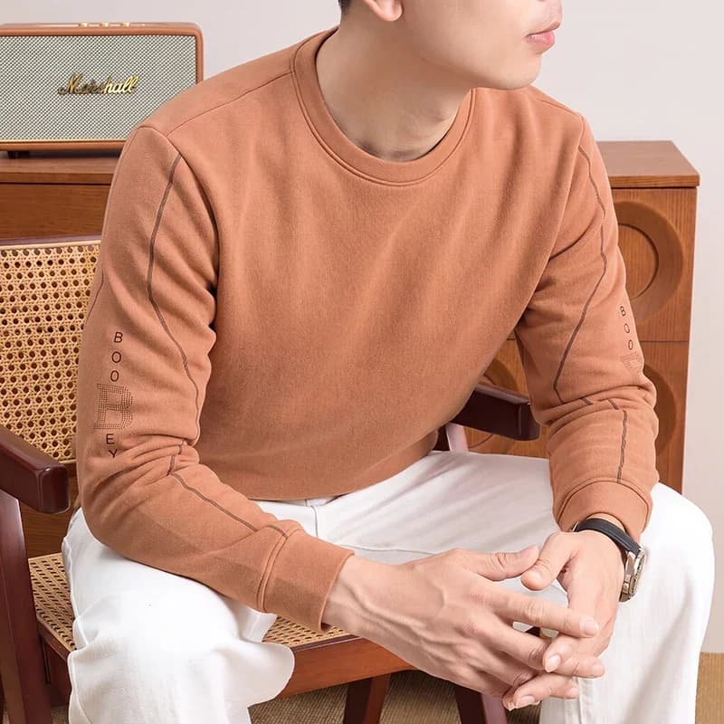 Mens Daily Crew Neck Sweatshirt Long‑Sleeve Sleeve‑Side Letter Print Contrast Stitching Relaxed Fit Casual Shirts