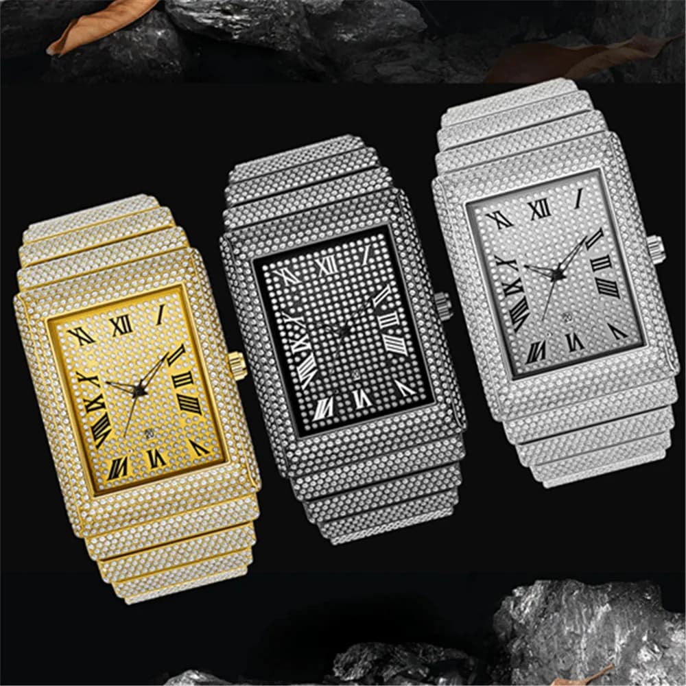 1 pz/lotto uomini orologi di design di lusso hip hop diamante casual lega rettangolare data orologio da polso al quarzo dorato Relogio Masculino