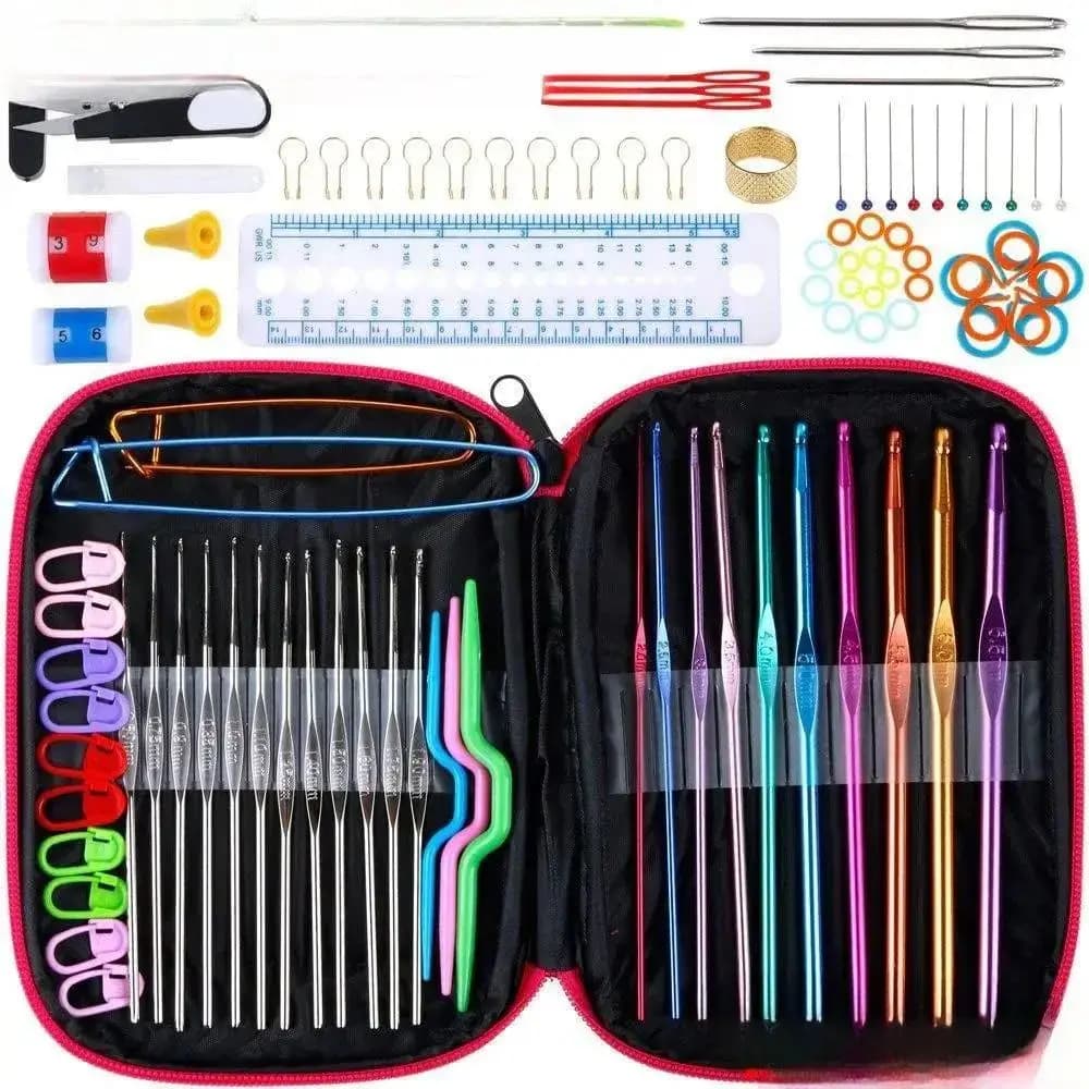 Set di Ferri per Maglieria con 22 Uncinetti in Metallo, Inclusi 100 Accessori Fai-da-Te, Borsa Portatile per il Trasporto, 1 Set