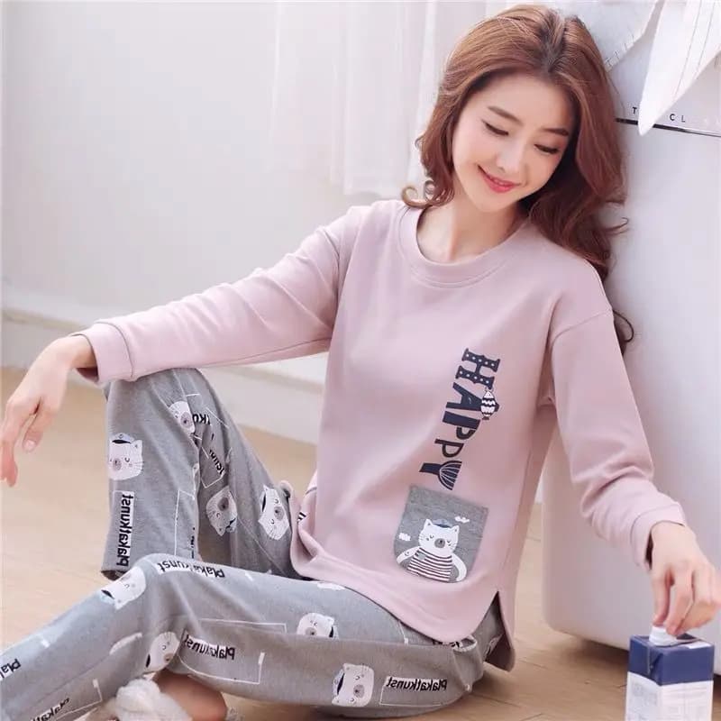 Women's Animated Cartoon Pajamas Set Casual Night Maid Long Sleeves Women's Set Soft and Comfortable Crew Neck Set for Home