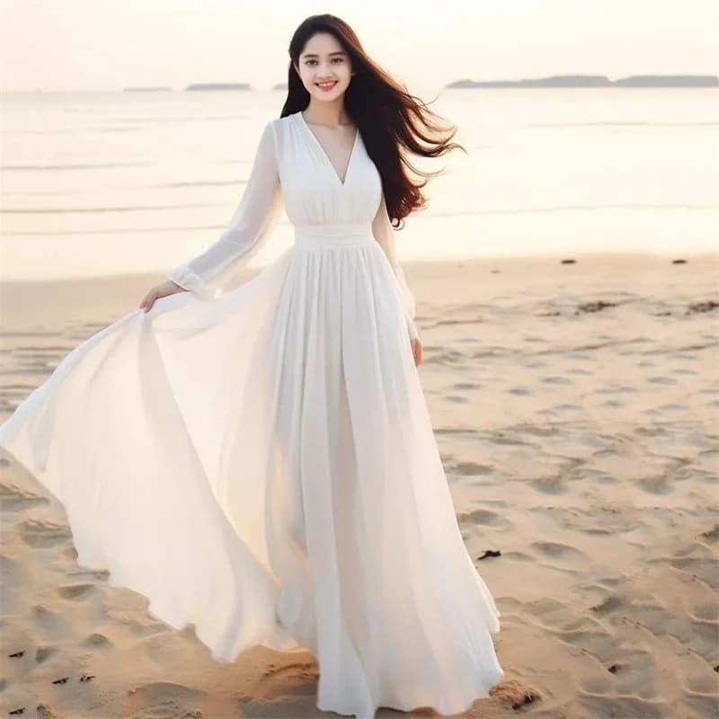 Women Ladies Clothing Long-Sleeve Sexy Club Boho Beach Dress Lady Summer Deep V Neck Party Long Maxi Dress Women