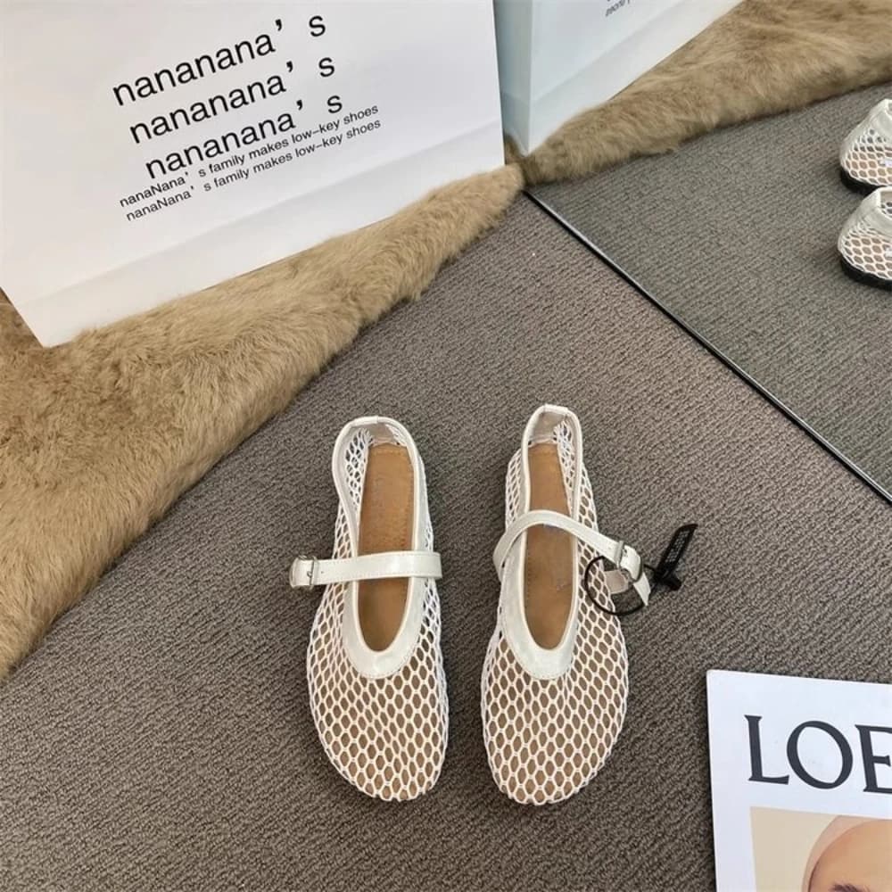 Scarpe Mary Jane Bianche Crema in Rete con Fibbia Quadrata, Comode per Matrimoni, Feste, Appuntamenti, Vacanze e Uso Quotidiano
