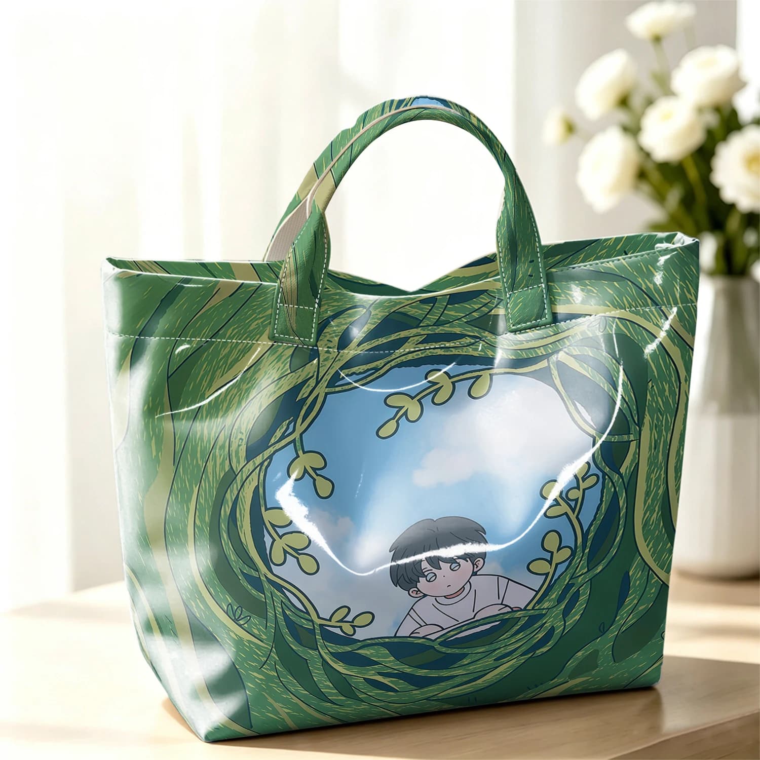 Green Tunnel Stylish Large Glossy PVC Tote Bag Washable Waterproof Durable Ideal for Travel Commute Cosmetics Books Handbags