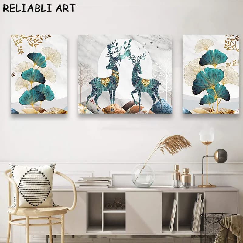 Luxury Light Alce Ginkgo Biloba Poster Leaves and Prints 3 Wall Art Canvas Painting for Living Room Home Decor Frameless