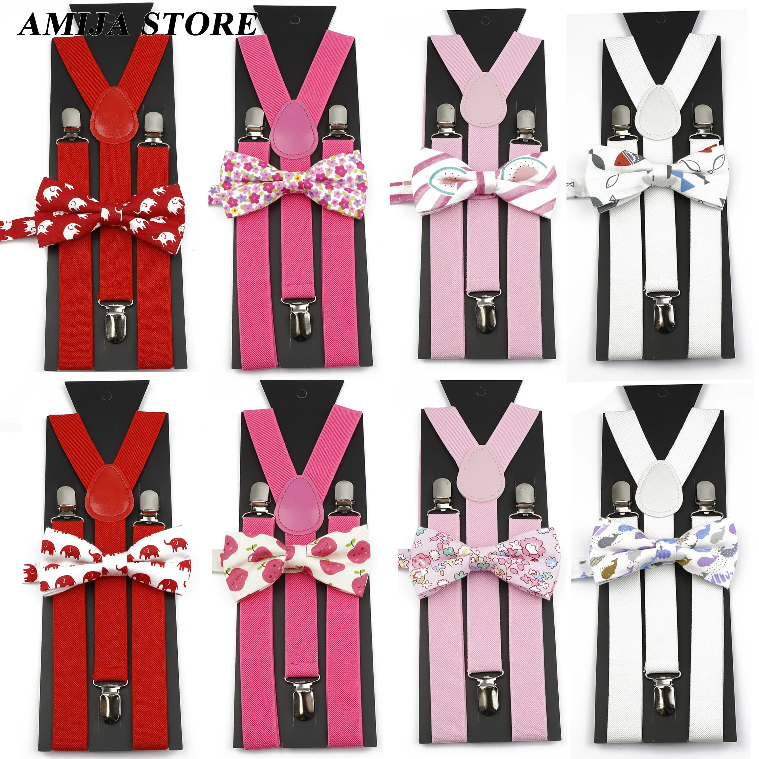 Fashion Unisex Suspender Set Red Pink White Braces With Floral Cartoon Cotton Bowtie Clip-on Elastic Y-back Mens Straps Party