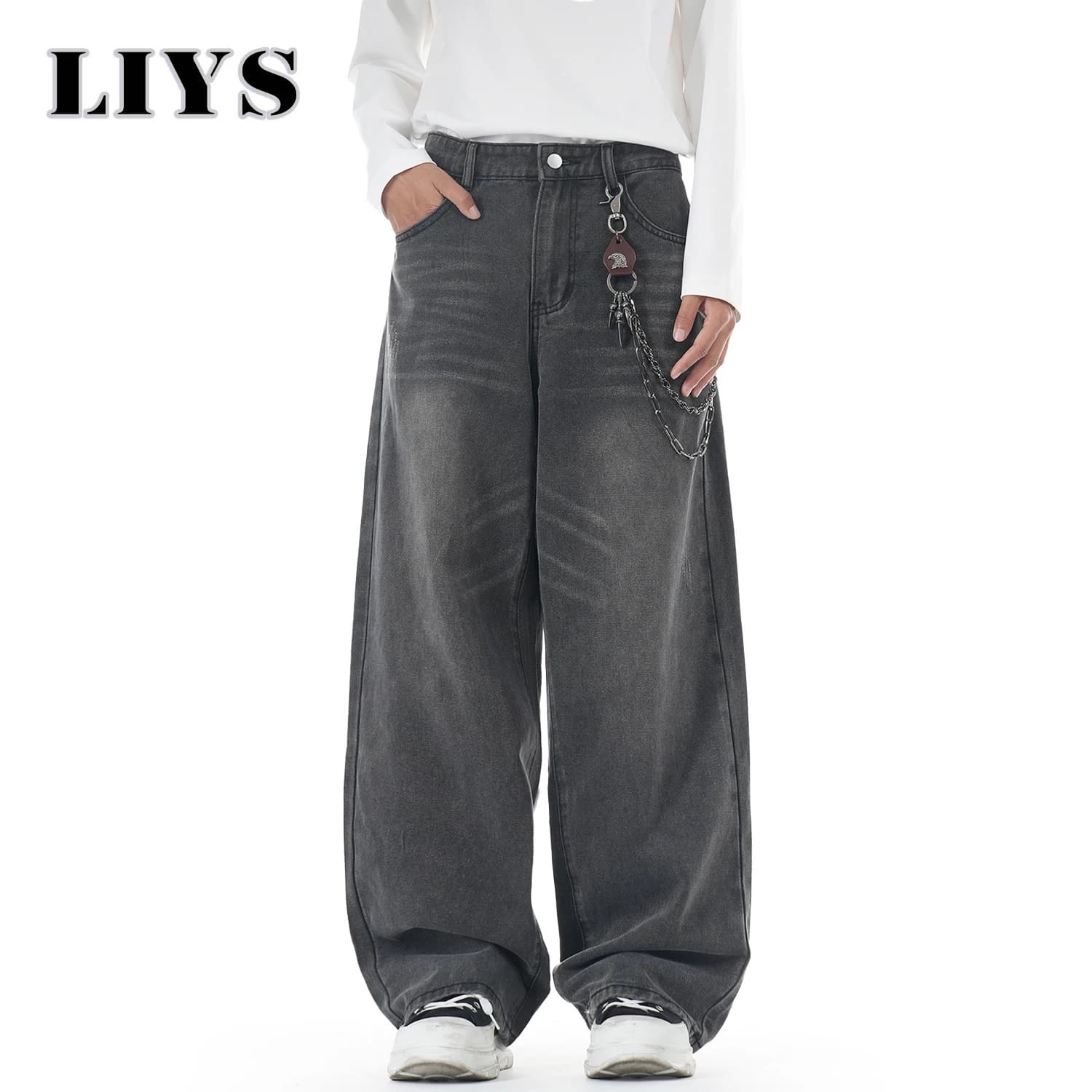American Retro Washed Gray Baggy Straight Wide Leg Jeans Men's Business Casual Baggy Four Season Denim Pants Unisex Clothes