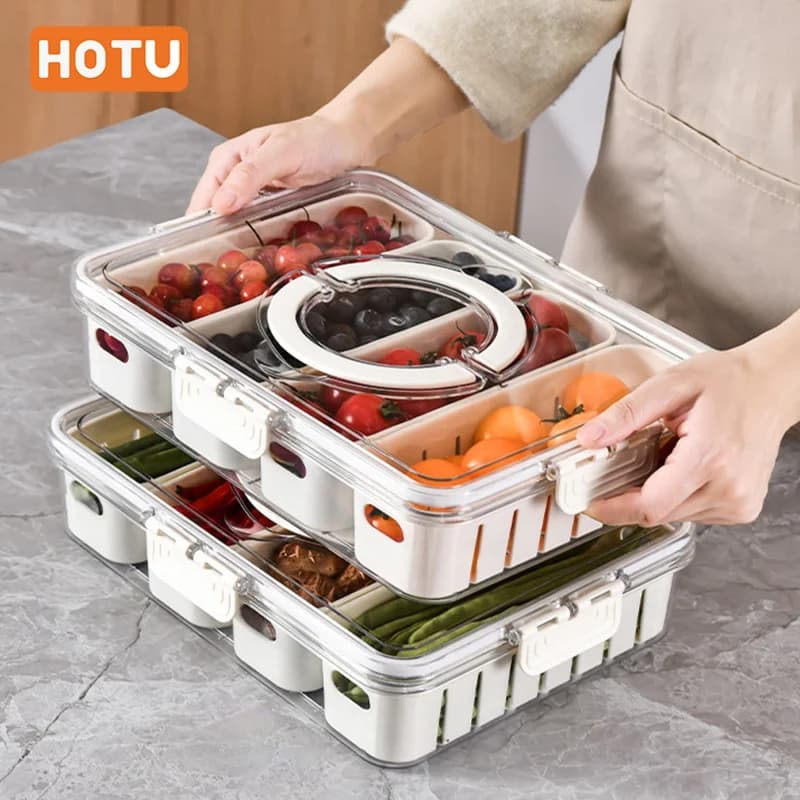 Contenitore per frigorifero HOTU a 4 sezioni con coperchio - Scatola portaoggetti per frutta e verdura - Scolapiatti per la conservazione della freschezza per la preparazione dei pasti in campeggio a casa - Durevole