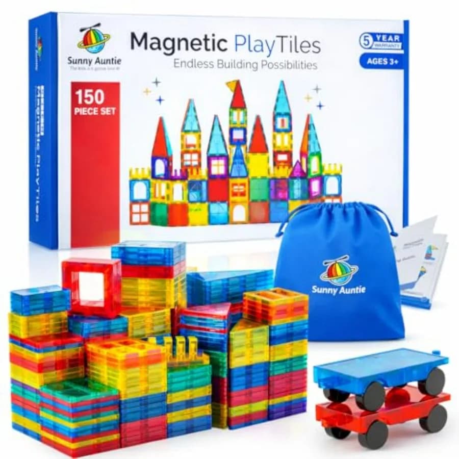 Set di 150 Piastrelle Magnetiche XL con Borsa Portaoggetti, Gioco di Costruzione Magnetico STEM per Bambini dai 3 agli 8 Anni