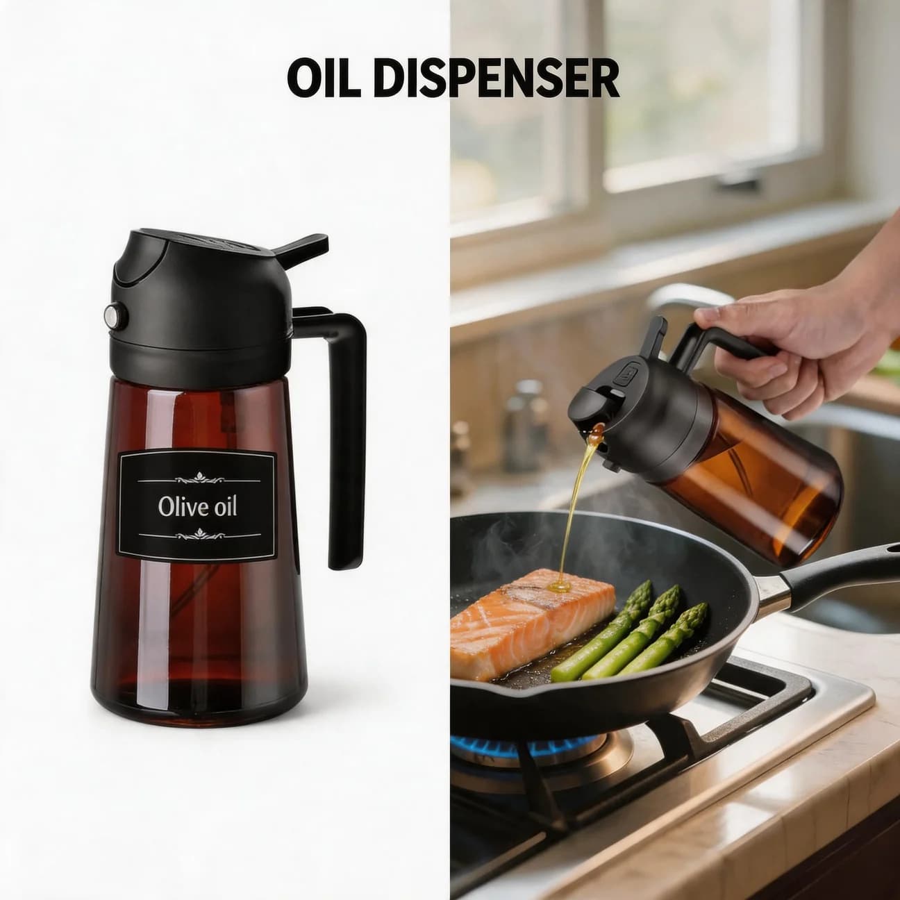 Spruzzatore di Olio d'Oliva 2-in-1 per Friggitrice ad Aria, Dispenser di Olio in Vetro da 16oz, Non Aerosol, Anti-perdita, per Insalate, BBQ, Utensili da Cucina