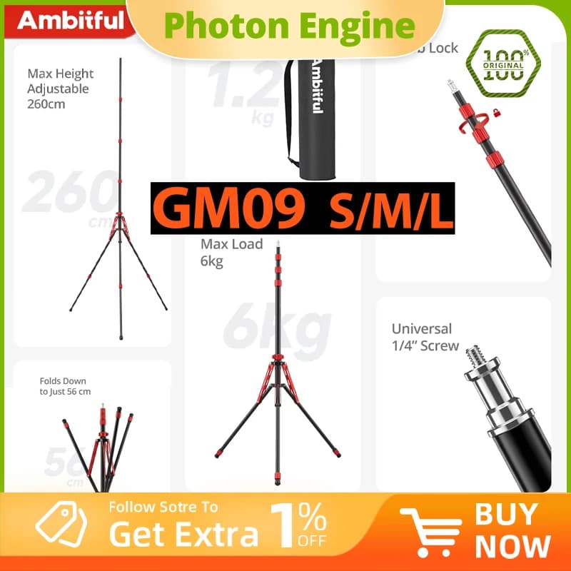 Ambitful 2.2M 2.6M 3.2M 1/4 Screw Light Stand GM09 foldable Light Stand Aluminum Alloy Tripod for Studio LED Light Flash Softbox