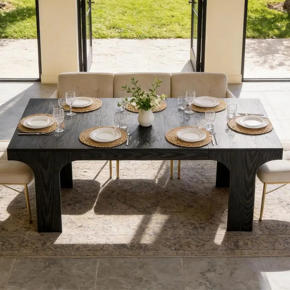 Elegante tavolo da pranzo in legno lungo 70,9 cm per 6-8 persone, gambe ad arco, stile moderno, nero