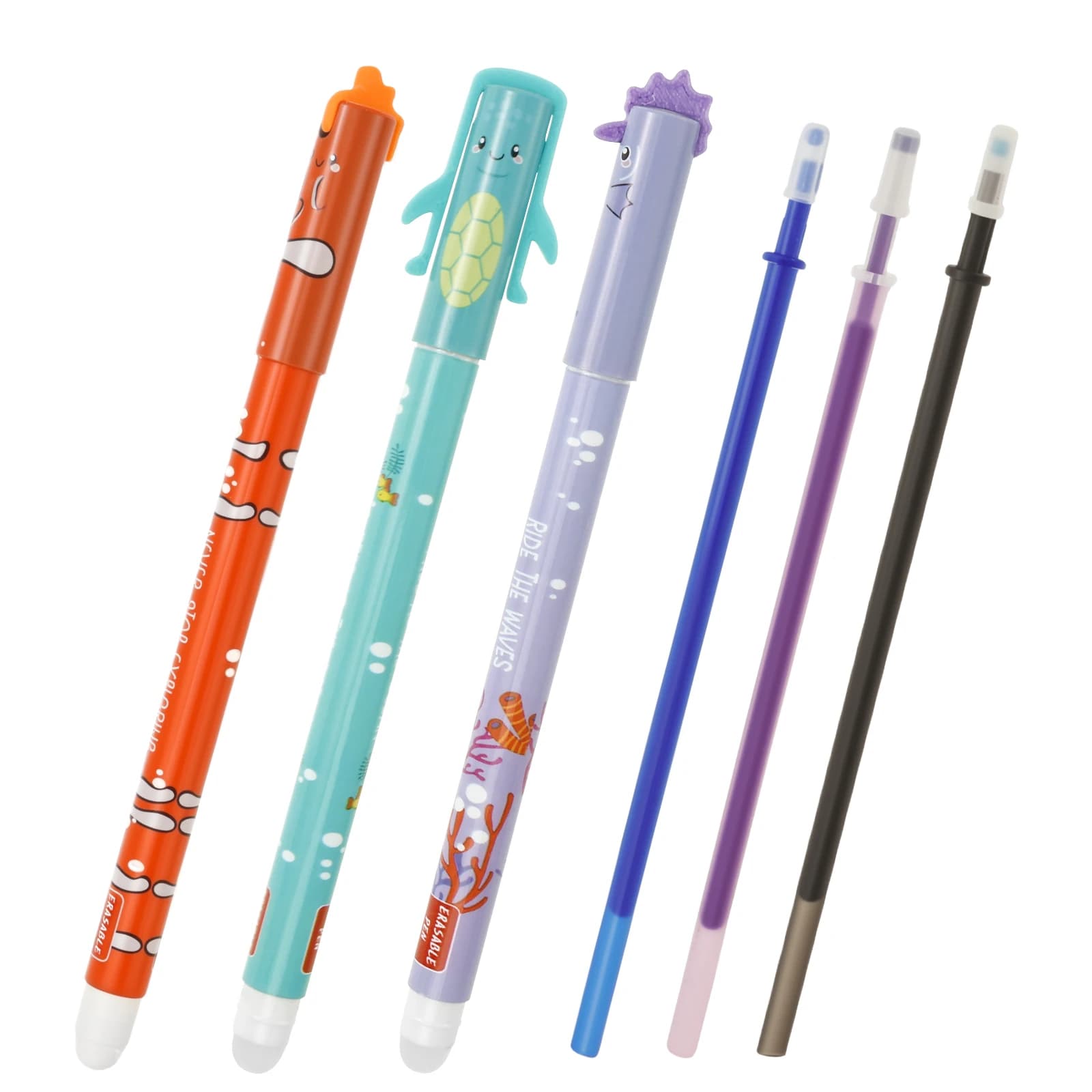 3Pcs Plastic 0.35mm Refill Erasable Gel Pen Smooth Writing Erasable Neutral Pen with Sea Animal Pattern Easy to Modify