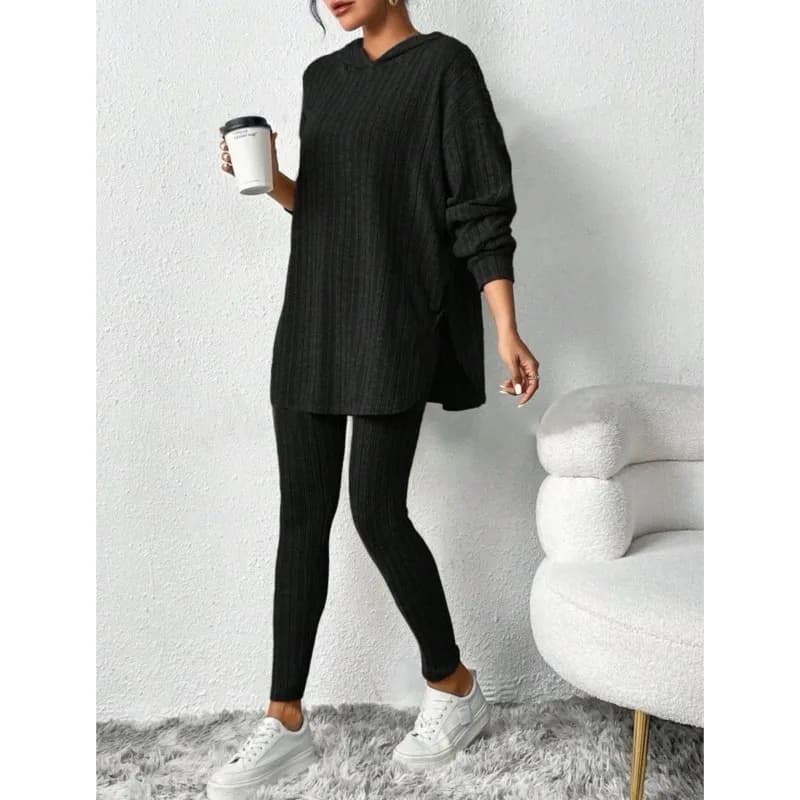 Women's Knitted Hooded Top Skinny Pants Two Piece Sets Autumn Winter Fashion Elegant Casual Solid Color Sports Suits