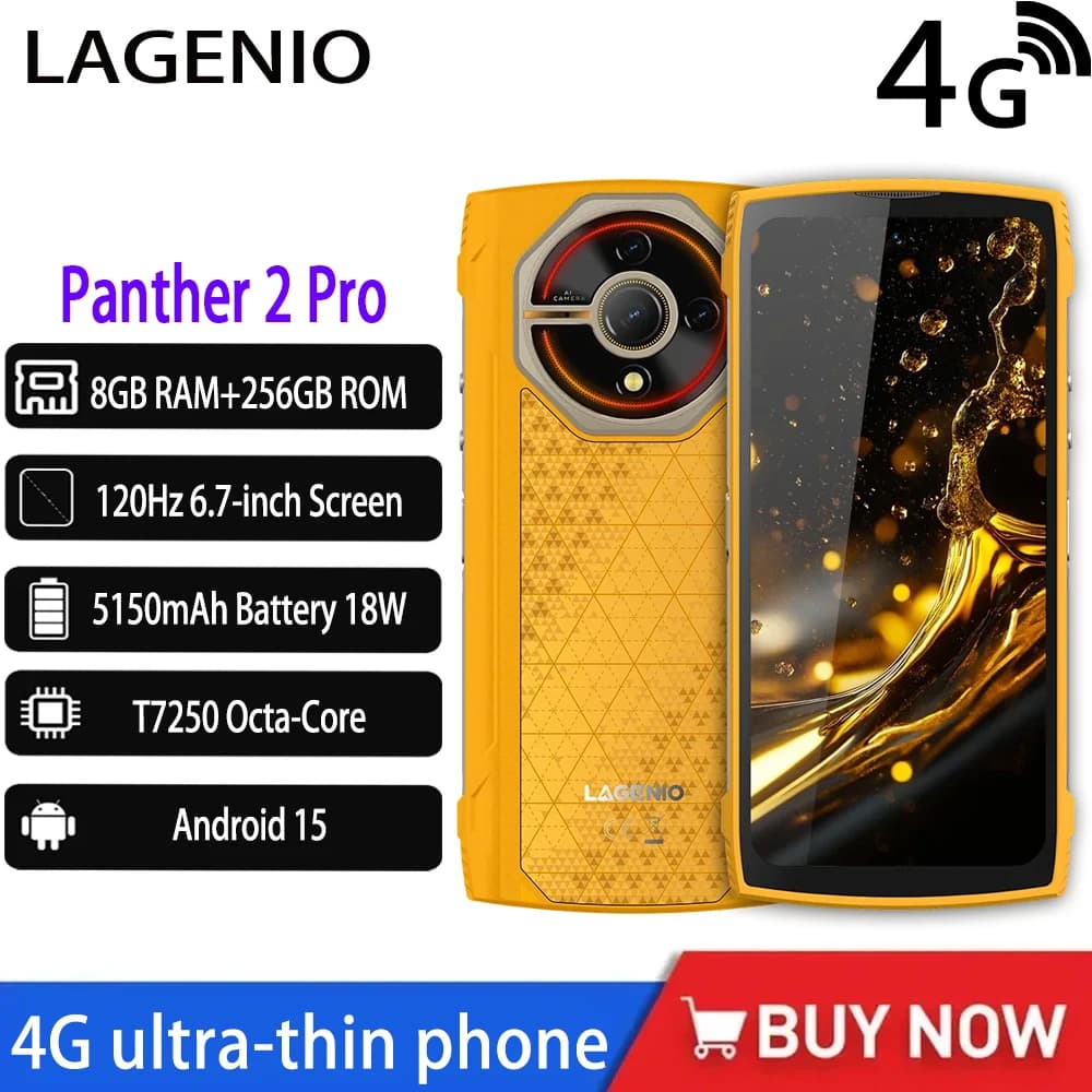 LAGENIO Panther 2 Pro 4G Smartphone robusto da 6,7 pollici Unisoc T7250 120Hz Schermo Android 15 8GB + 256GB 50MP 5150mAh NFC Telefono cellulare