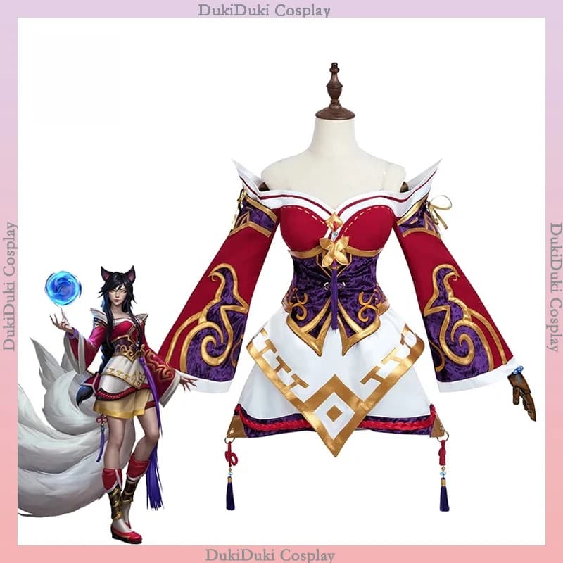 Costume Cosplay Ahri della Volpe a Nove Code, Abito Rosso Completo per Donna, Outfit per Carnevale e Giochi di Ruolo