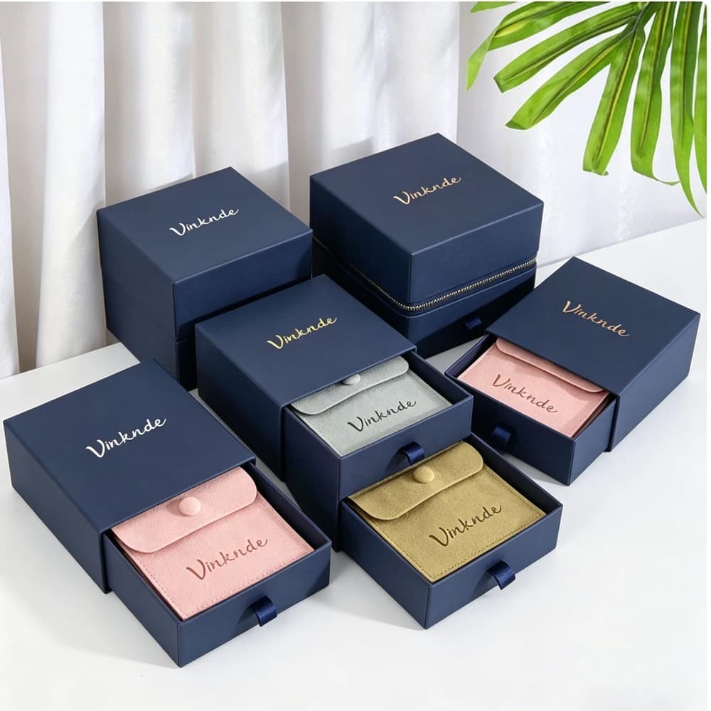 Sacchetto Portagioie Personalizzato in Microfibra con Bottone a Pressione, Scatole a Cassetto in Carta Blu Navy, Scatola da Viaggio per Bracciali, Collane, Anelli e Orecchini